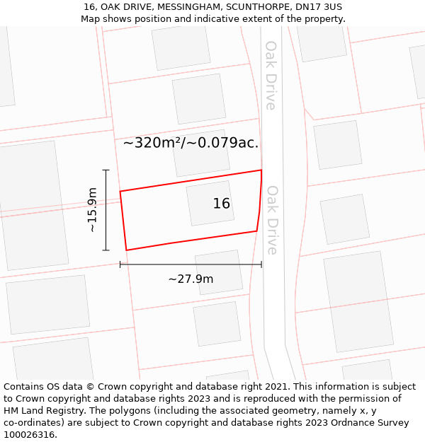 16, OAK DRIVE, MESSINGHAM, SCUNTHORPE, DN17 3US: Plot and title map