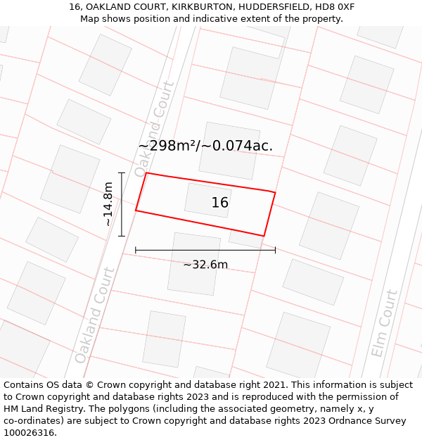 16, OAKLAND COURT, KIRKBURTON, HUDDERSFIELD, HD8 0XF: Plot and title map