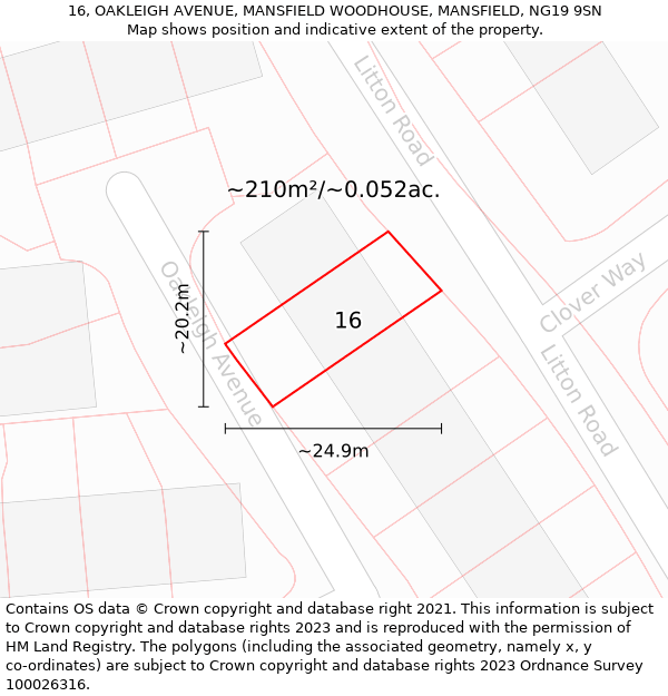 16, OAKLEIGH AVENUE, MANSFIELD WOODHOUSE, MANSFIELD, NG19 9SN: Plot and title map