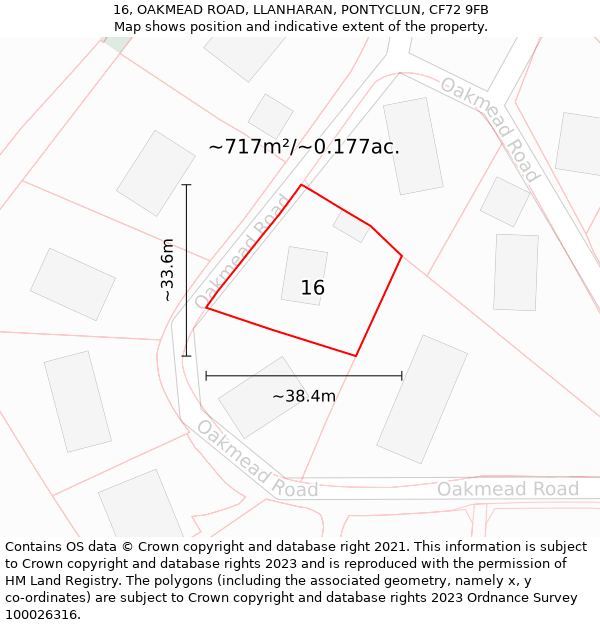 16, OAKMEAD ROAD, LLANHARAN, PONTYCLUN, CF72 9FB: Plot and title map