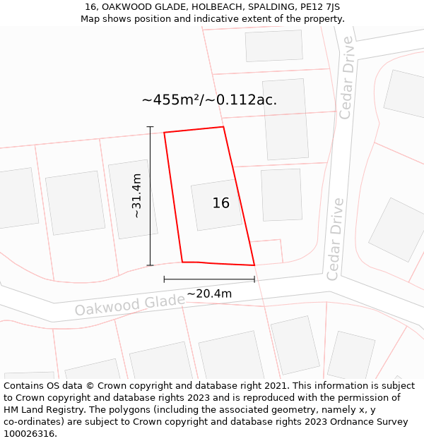 16, OAKWOOD GLADE, HOLBEACH, SPALDING, PE12 7JS: Plot and title map