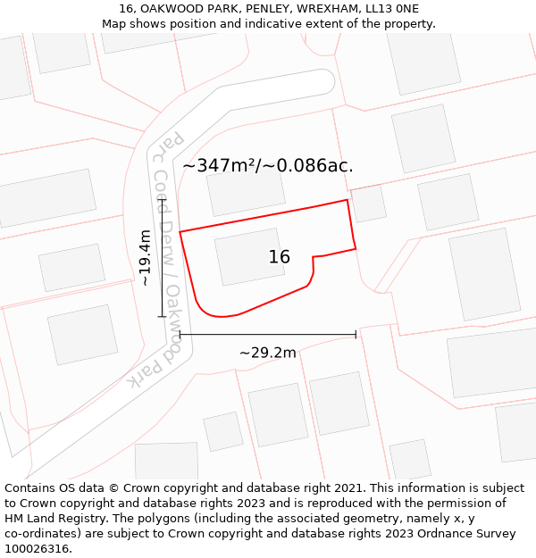 16, OAKWOOD PARK, PENLEY, WREXHAM, LL13 0NE: Plot and title map