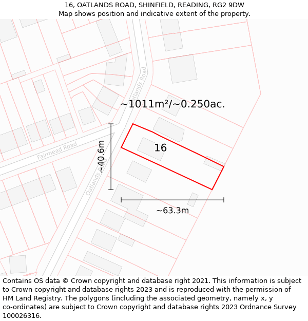 16, OATLANDS ROAD, SHINFIELD, READING, RG2 9DW: Plot and title map