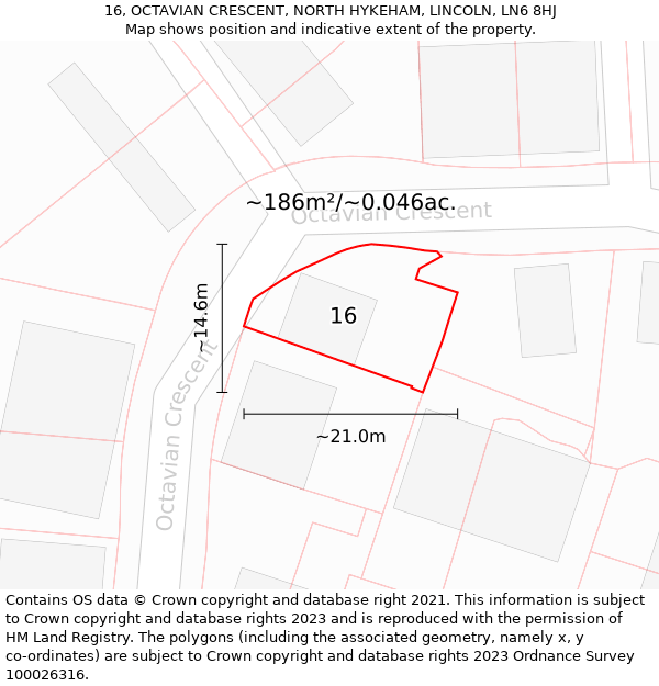 16, OCTAVIAN CRESCENT, NORTH HYKEHAM, LINCOLN, LN6 8HJ: Plot and title map