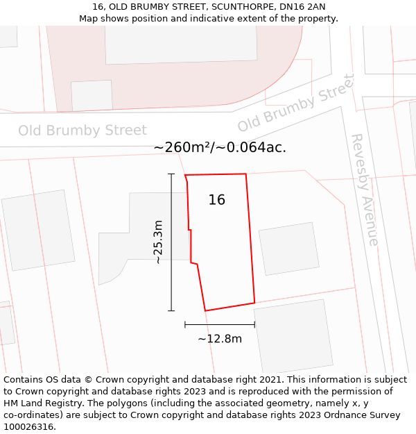 16, OLD BRUMBY STREET, SCUNTHORPE, DN16 2AN: Plot and title map