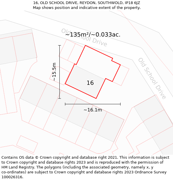 16, OLD SCHOOL DRIVE, REYDON, SOUTHWOLD, IP18 6JZ: Plot and title map