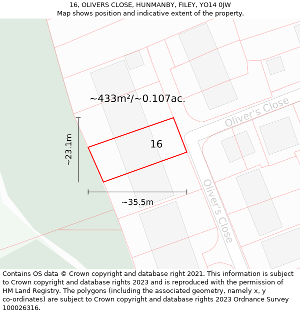 16, OLIVERS CLOSE, HUNMANBY, FILEY, YO14 0JW: Plot and title map