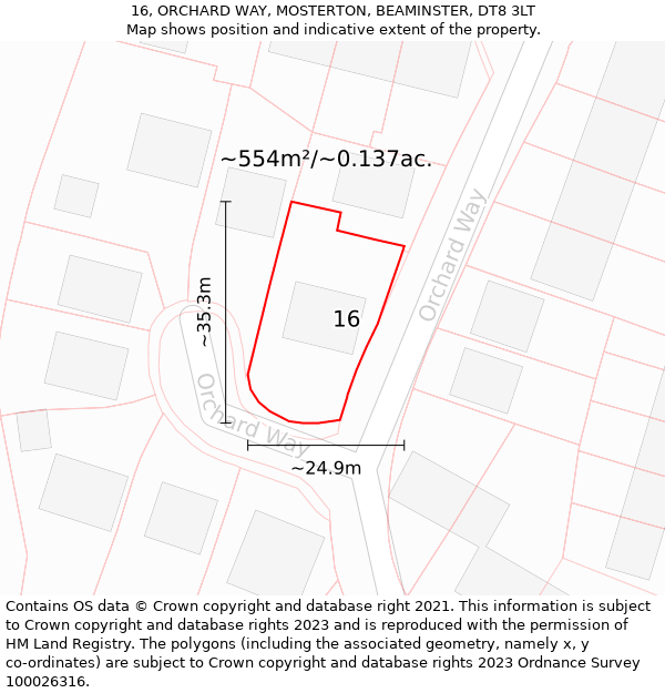 16, ORCHARD WAY, MOSTERTON, BEAMINSTER, DT8 3LT: Plot and title map