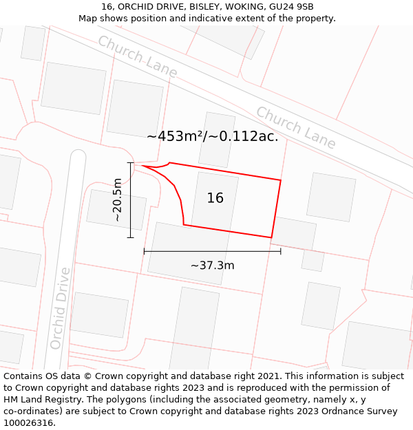 16, ORCHID DRIVE, BISLEY, WOKING, GU24 9SB: Plot and title map