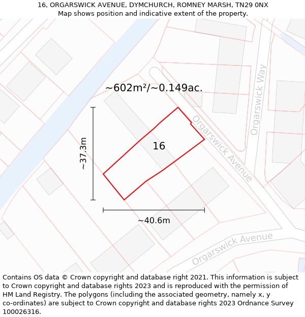 16, ORGARSWICK AVENUE, DYMCHURCH, ROMNEY MARSH, TN29 0NX: Plot and title map