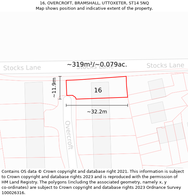 16, OVERCROFT, BRAMSHALL, UTTOXETER, ST14 5NQ: Plot and title map