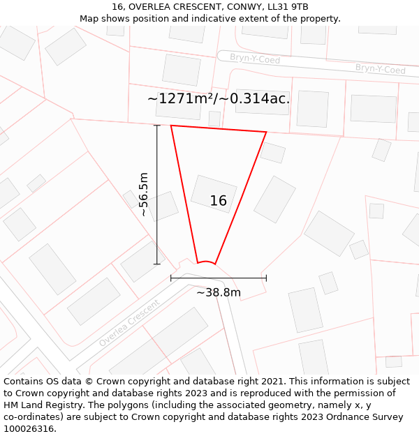 16, OVERLEA CRESCENT, CONWY, LL31 9TB: Plot and title map