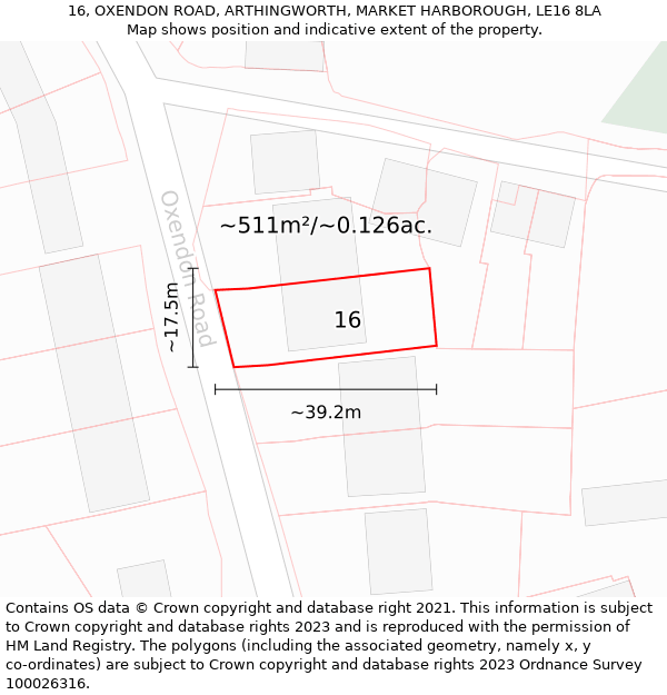 16, OXENDON ROAD, ARTHINGWORTH, MARKET HARBOROUGH, LE16 8LA: Plot and title map