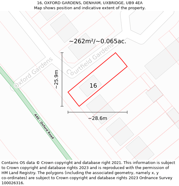 16, OXFORD GARDENS, DENHAM, UXBRIDGE, UB9 4EA: Plot and title map