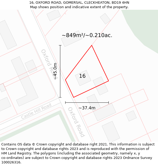 16, OXFORD ROAD, GOMERSAL, CLECKHEATON, BD19 4HN: Plot and title map