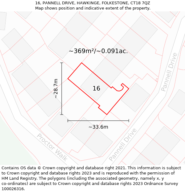 16, PANNELL DRIVE, HAWKINGE, FOLKESTONE, CT18 7QZ: Plot and title map