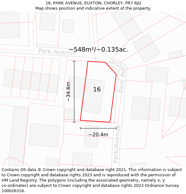 16, PARK AVENUE, EUXTON, CHORLEY, PR7 6JQ: Plot and title map