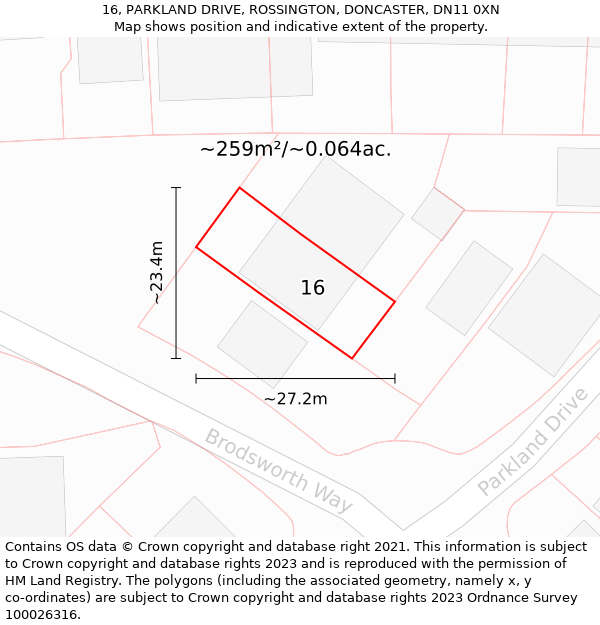 16, PARKLAND DRIVE, ROSSINGTON, DONCASTER, DN11 0XN: Plot and title map