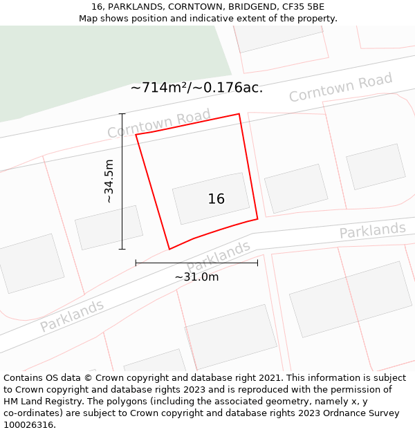 16, PARKLANDS, CORNTOWN, BRIDGEND, CF35 5BE: Plot and title map