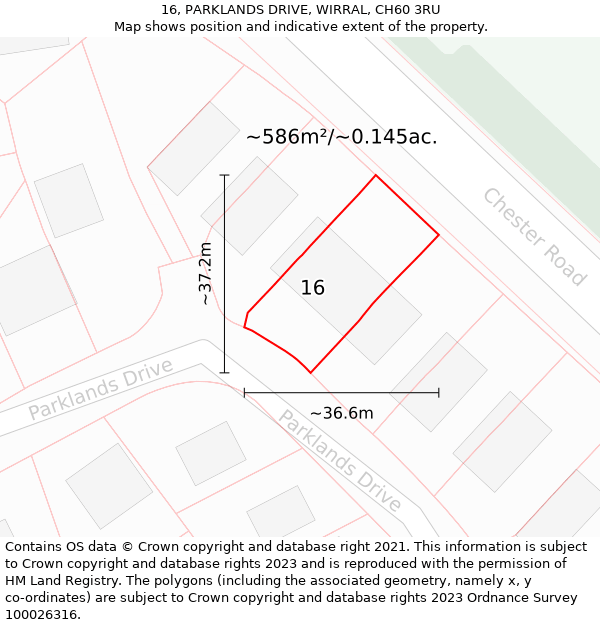 16, PARKLANDS DRIVE, WIRRAL, CH60 3RU: Plot and title map