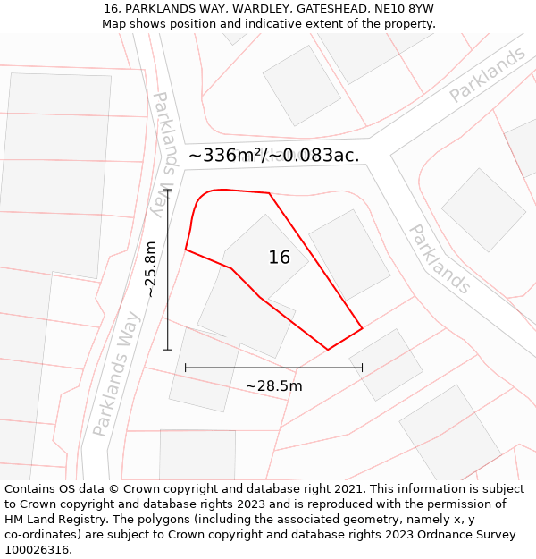 16, PARKLANDS WAY, WARDLEY, GATESHEAD, NE10 8YW: Plot and title map