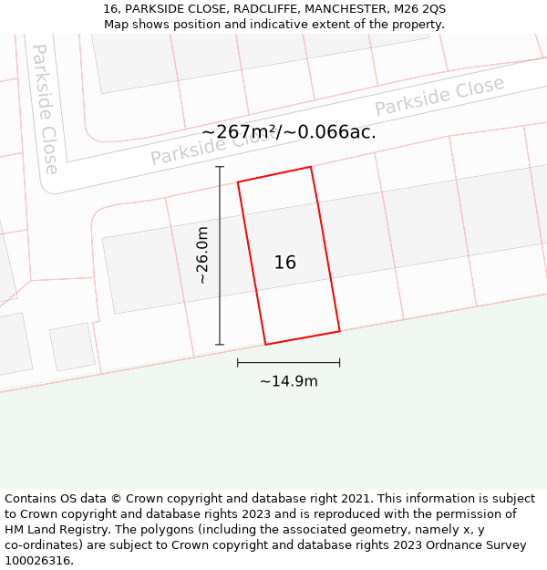 16, PARKSIDE CLOSE, RADCLIFFE, MANCHESTER, M26 2QS: Plot and title map