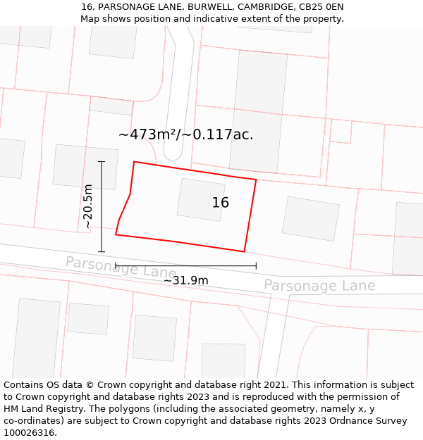 16, PARSONAGE LANE, BURWELL, CAMBRIDGE, CB25 0EN: Plot and title map