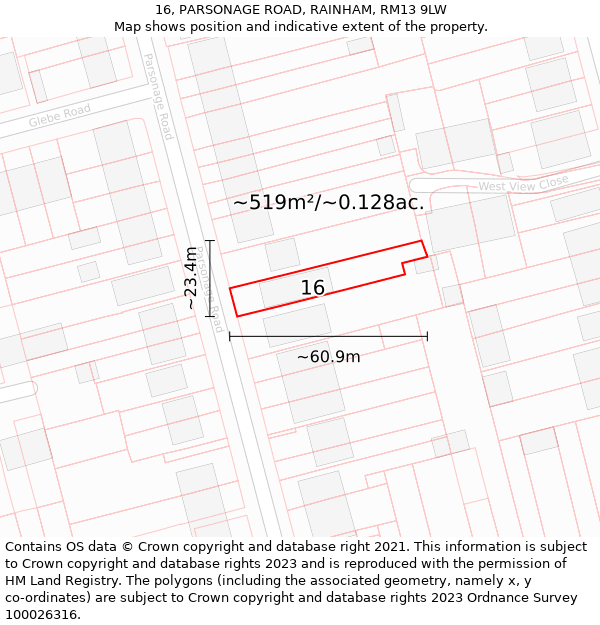 16, PARSONAGE ROAD, RAINHAM, RM13 9LW: Plot and title map