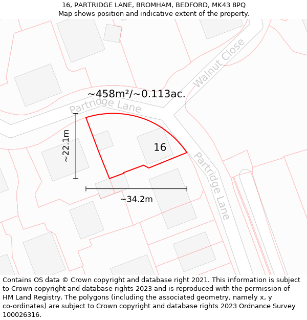 16, PARTRIDGE LANE, BROMHAM, BEDFORD, MK43 8PQ: Plot and title map