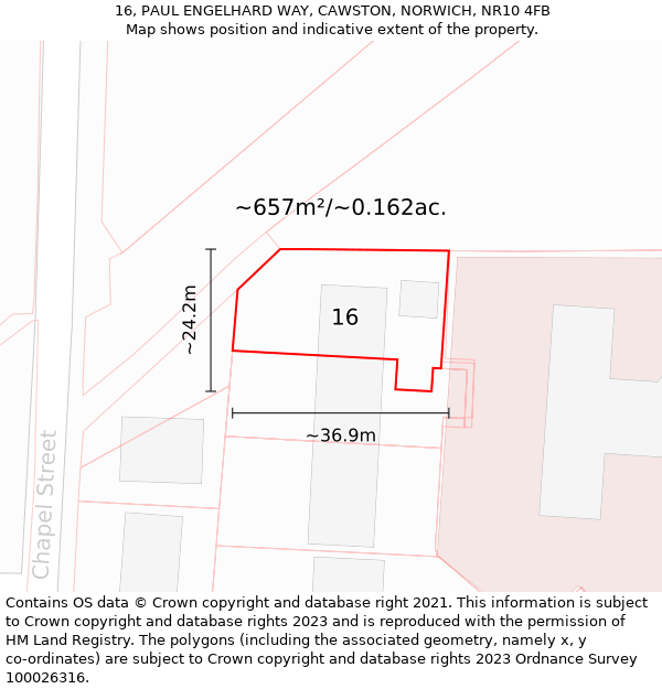 16, PAUL ENGELHARD WAY, CAWSTON, NORWICH, NR10 4FB: Plot and title map