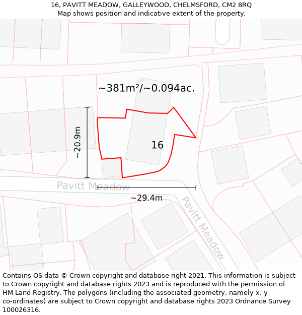 16, PAVITT MEADOW, GALLEYWOOD, CHELMSFORD, CM2 8RQ: Plot and title map