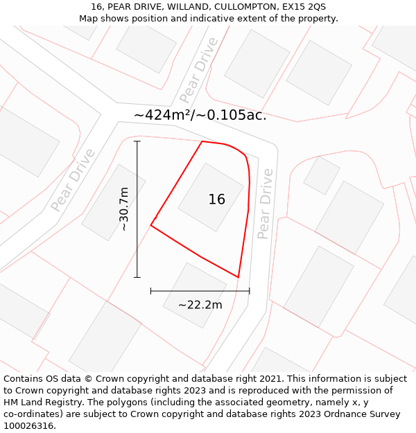 16, PEAR DRIVE, WILLAND, CULLOMPTON, EX15 2QS: Plot and title map