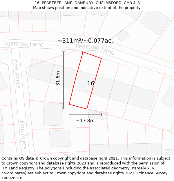 16, PEARTREE LANE, DANBURY, CHELMSFORD, CM3 4LS: Plot and title map