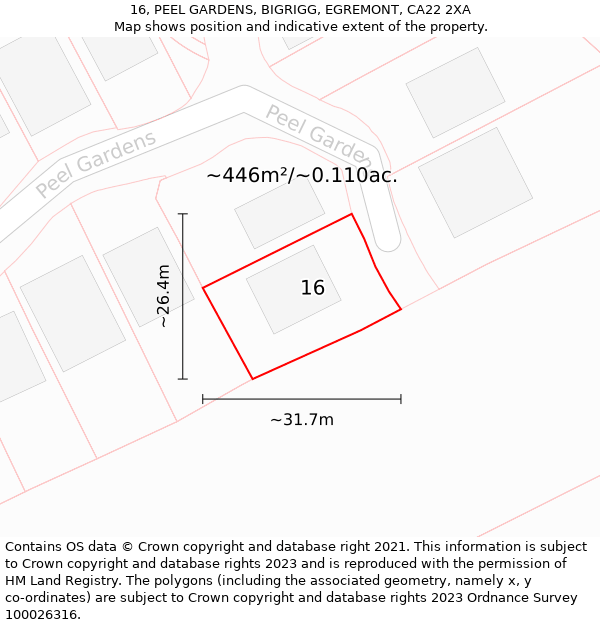 16, PEEL GARDENS, BIGRIGG, EGREMONT, CA22 2XA: Plot and title map