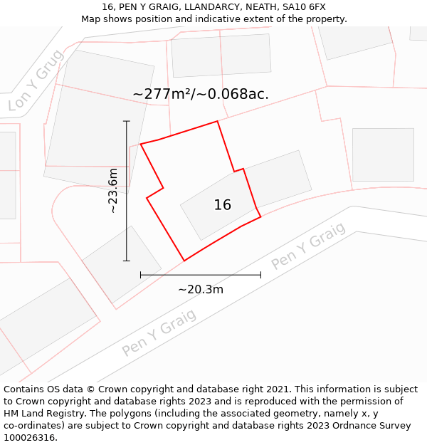 16, PEN Y GRAIG, LLANDARCY, NEATH, SA10 6FX: Plot and title map