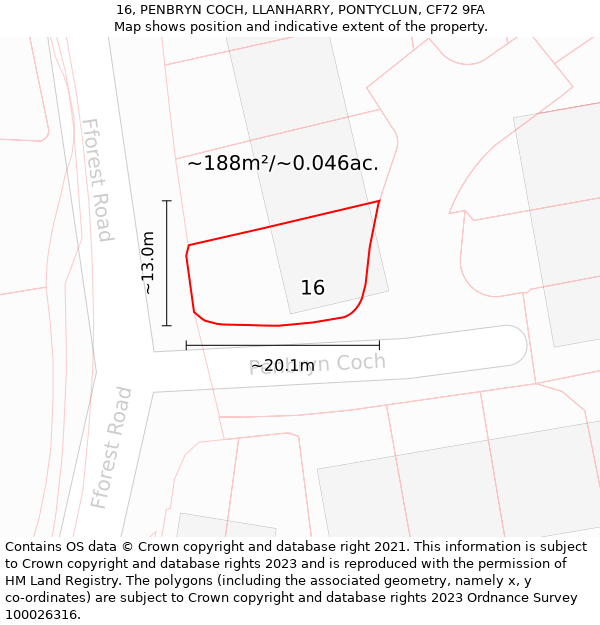 16, PENBRYN COCH, LLANHARRY, PONTYCLUN, CF72 9FA: Plot and title map