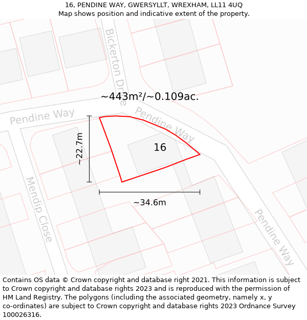 16, PENDINE WAY, GWERSYLLT, WREXHAM, LL11 4UQ: Plot and title map