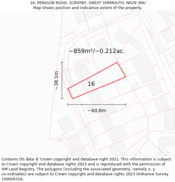 16, PENGUIN ROAD, SCRATBY, GREAT YARMOUTH, NR29 3NU: Plot and title map