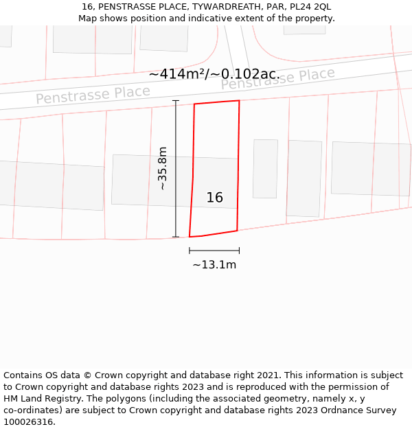 16, PENSTRASSE PLACE, TYWARDREATH, PAR, PL24 2QL: Plot and title map