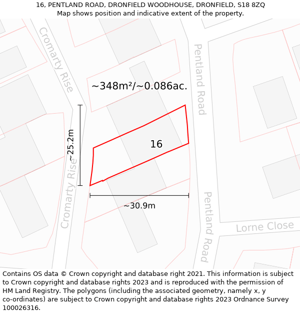 16, PENTLAND ROAD, DRONFIELD WOODHOUSE, DRONFIELD, S18 8ZQ: Plot and title map