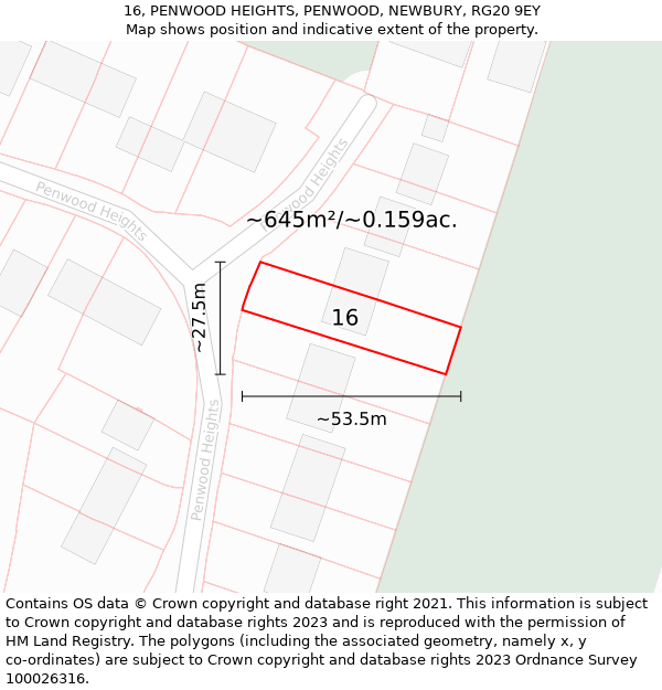 16, PENWOOD HEIGHTS, PENWOOD, NEWBURY, RG20 9EY: Plot and title map