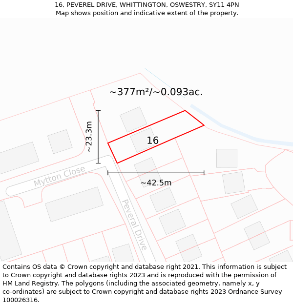 16, PEVEREL DRIVE, WHITTINGTON, OSWESTRY, SY11 4PN: Plot and title map