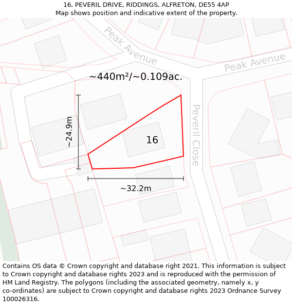 16, PEVERIL DRIVE, RIDDINGS, ALFRETON, DE55 4AP: Plot and title map