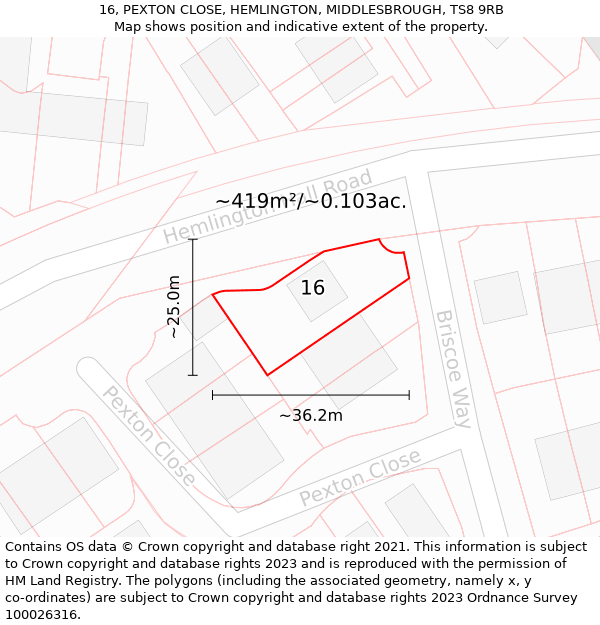 16, PEXTON CLOSE, HEMLINGTON, MIDDLESBROUGH, TS8 9RB: Plot and title map