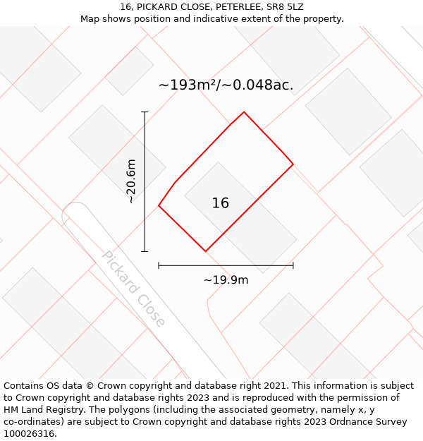 16, PICKARD CLOSE, PETERLEE, SR8 5LZ: Plot and title map