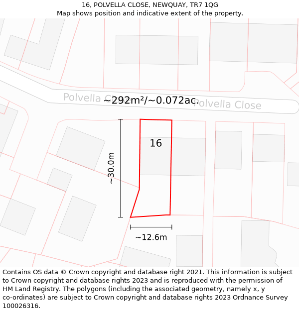 16, POLVELLA CLOSE, NEWQUAY, TR7 1QG: Plot and title map