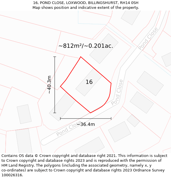 16, POND CLOSE, LOXWOOD, BILLINGSHURST, RH14 0SH: Plot and title map