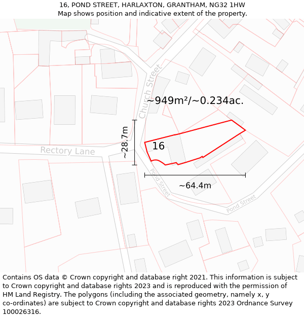 16, POND STREET, HARLAXTON, GRANTHAM, NG32 1HW: Plot and title map