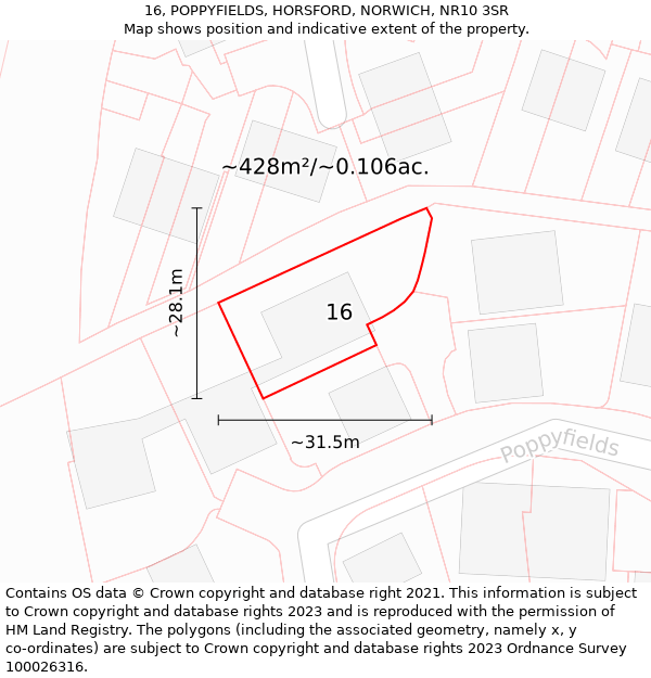 16, POPPYFIELDS, HORSFORD, NORWICH, NR10 3SR: Plot and title map