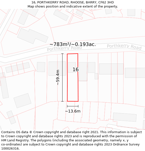 16, PORTHKERRY ROAD, RHOOSE, BARRY, CF62 3HD: Plot and title map